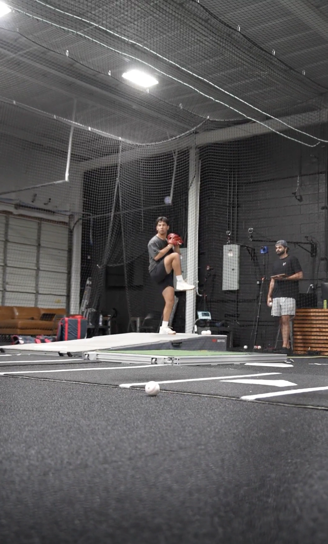 A pitcher being captured on the mound in the lab