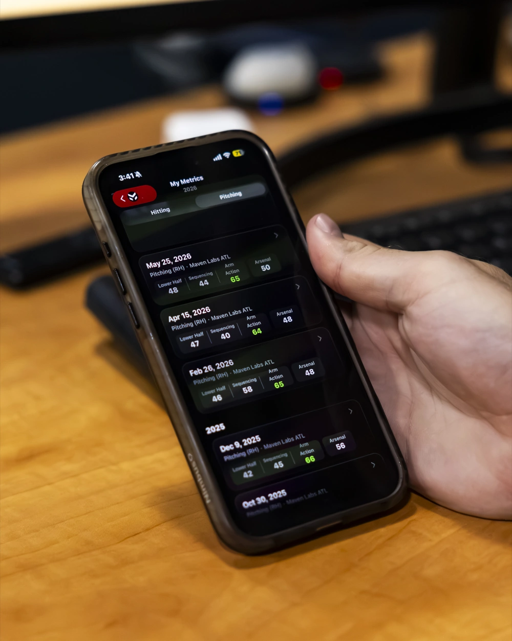 An athlete's assessment history and scores in the Maven app
